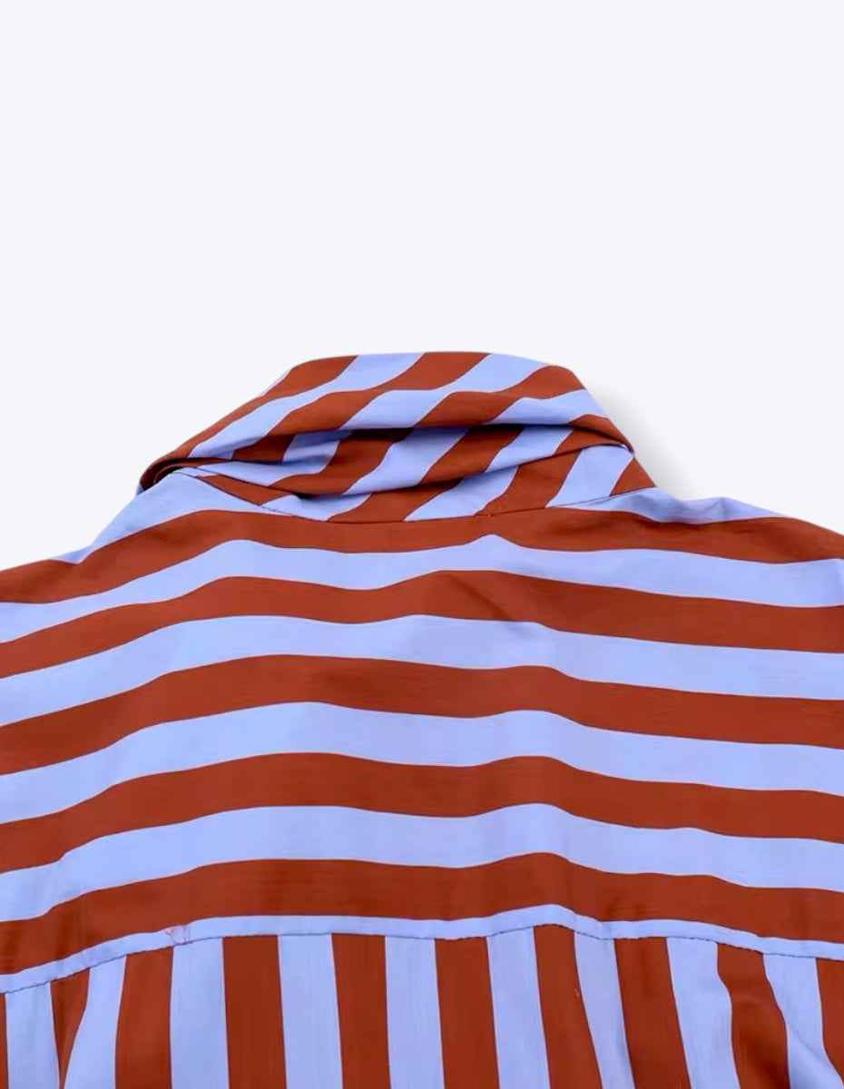 Tie Collar Baggy Stripe Buttoned Shirt