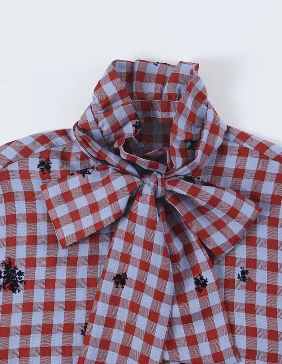 Chequard Plaid Tie-Front Long Sleeves Blouse ANJE REBEL