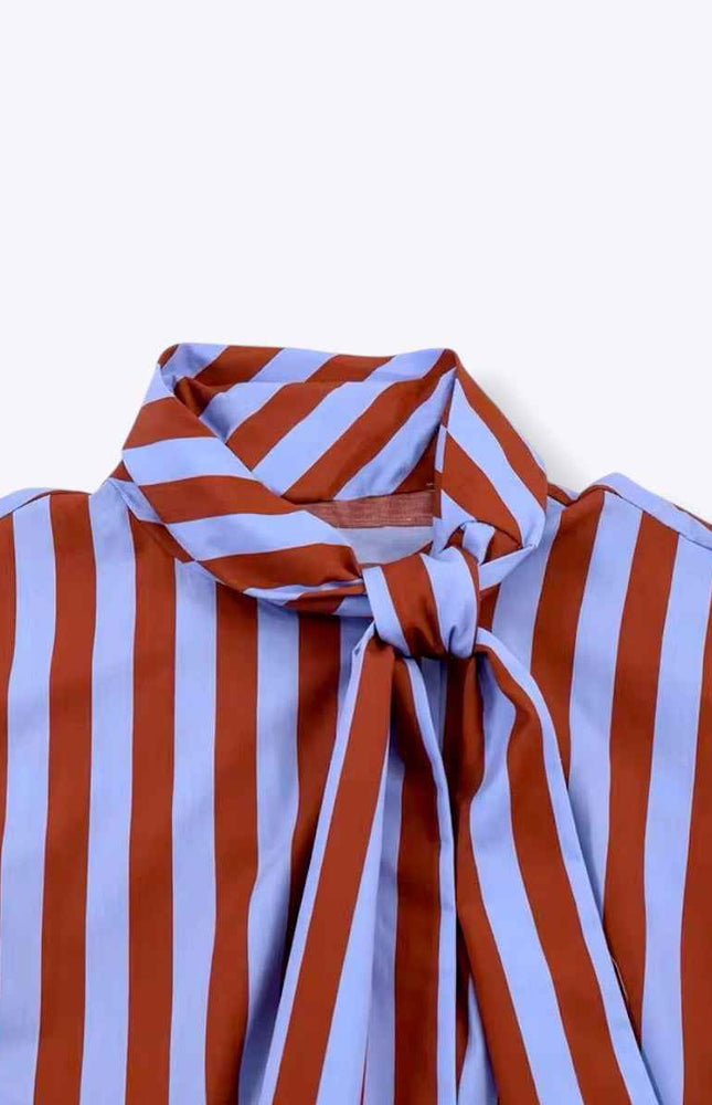 Tie Collar Baggy Stripe Buttoned Shirt