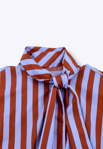 Tie Collar Baggy Stripe Buttoned Shirt