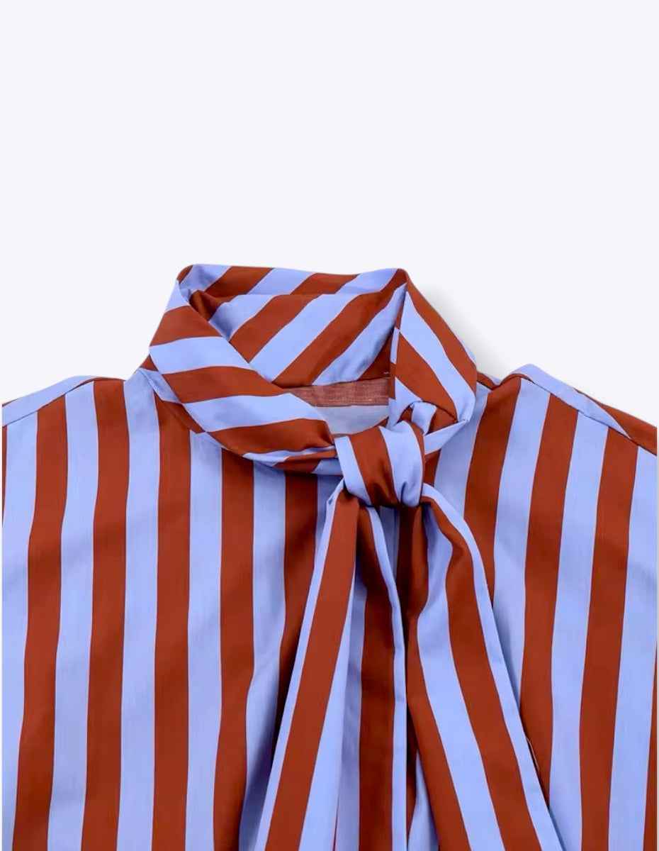 Tie Collar Baggy Stripe Buttoned Shirt