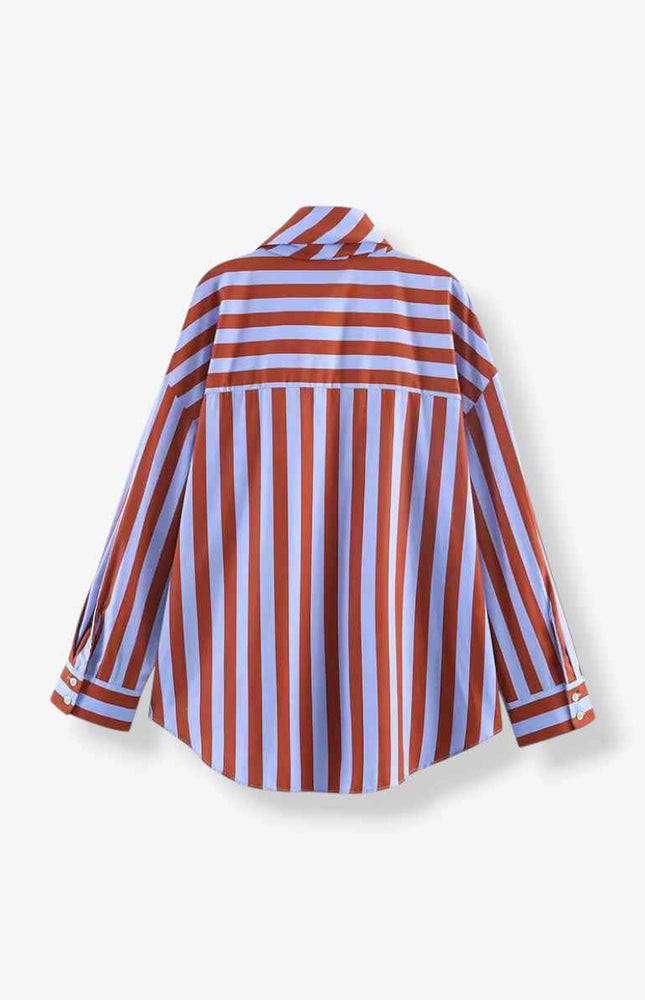 Tie Collar Baggy Stripe Buttoned Shirt