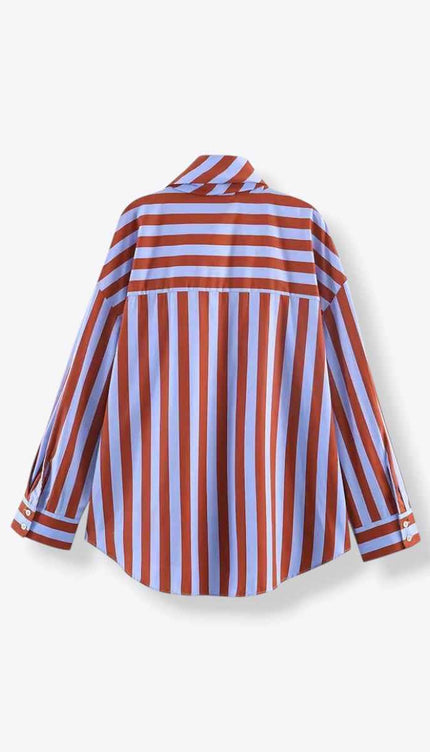 Tie Collar Baggy Stripe Buttoned Shirt