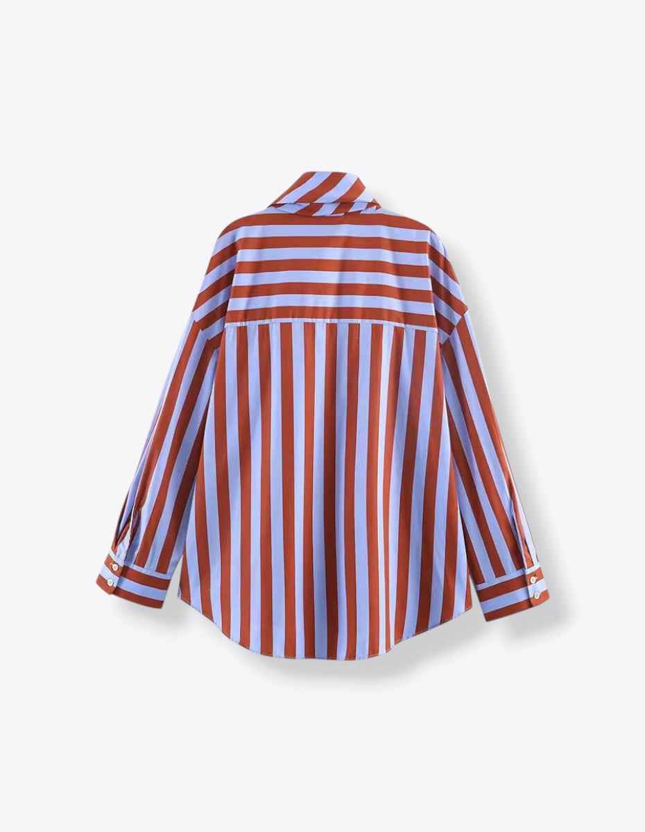 Tie Collar Baggy Stripe Buttoned Shirt