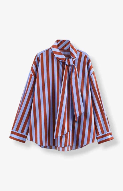 Tie Collar Baggy Stripe Buttoned Shirt