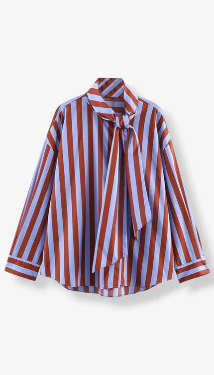 Tie Collar Baggy Stripe Buttoned Shirt