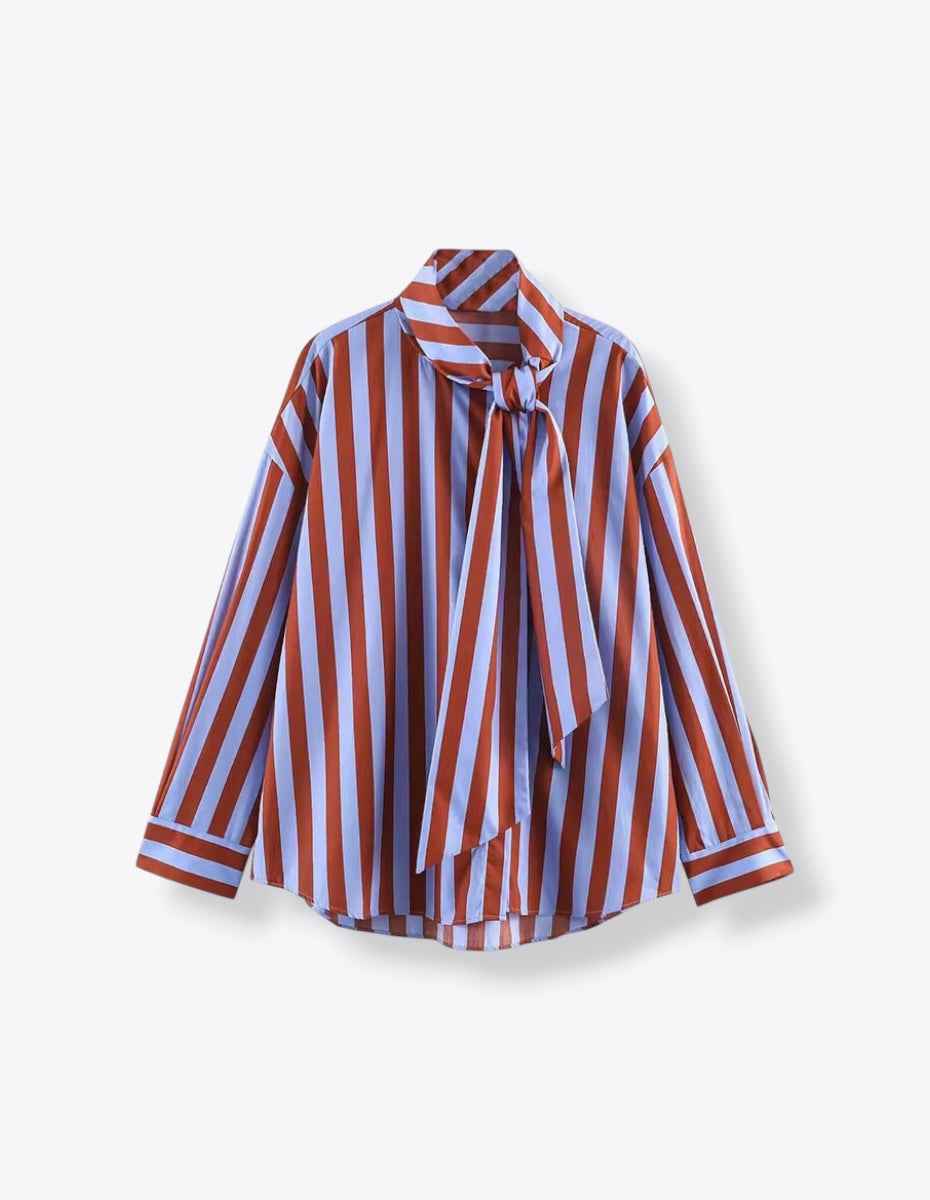Tie Collar Baggy Stripe Buttoned Shirt
