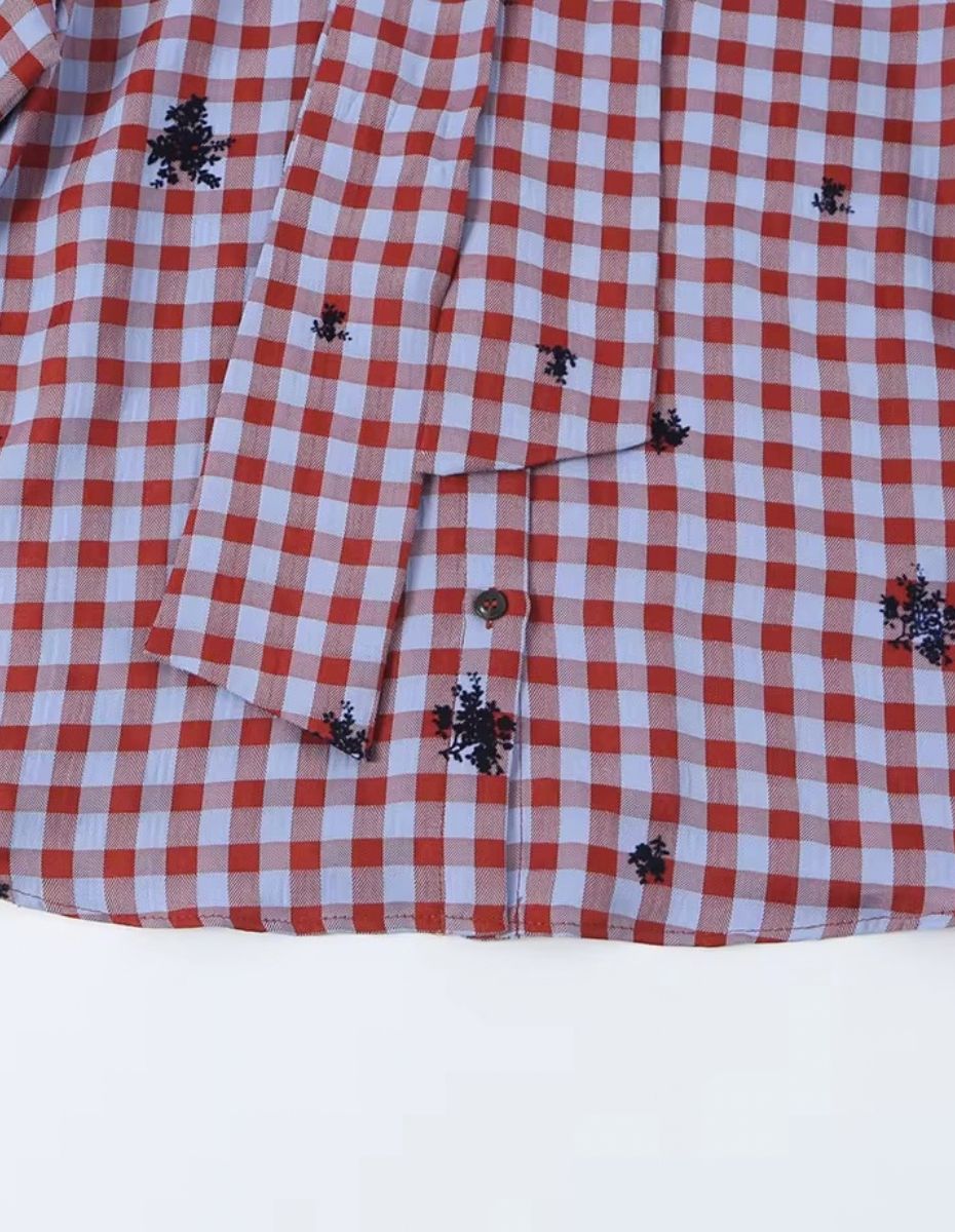 Chequard Plaid Tie-Front Long Sleeves Blouse ANJE REBEL