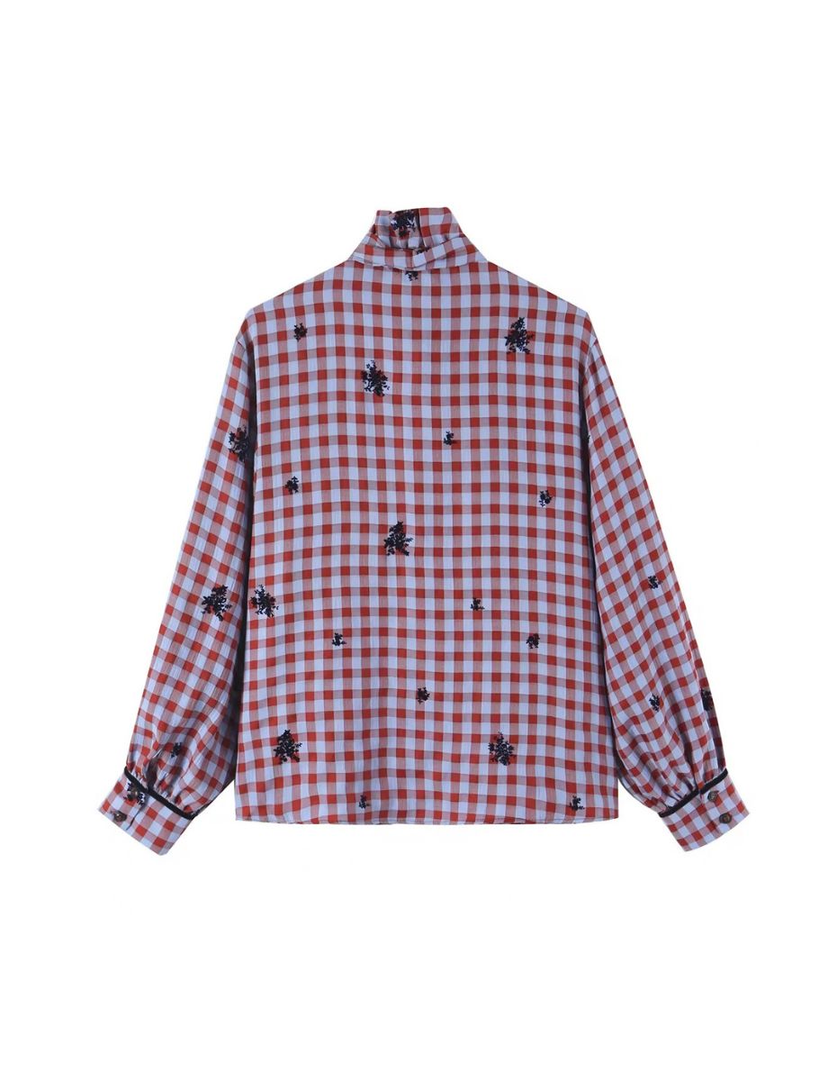 Chequard Plaid Tie-Front Long Sleeves Blouse ANJE REBEL