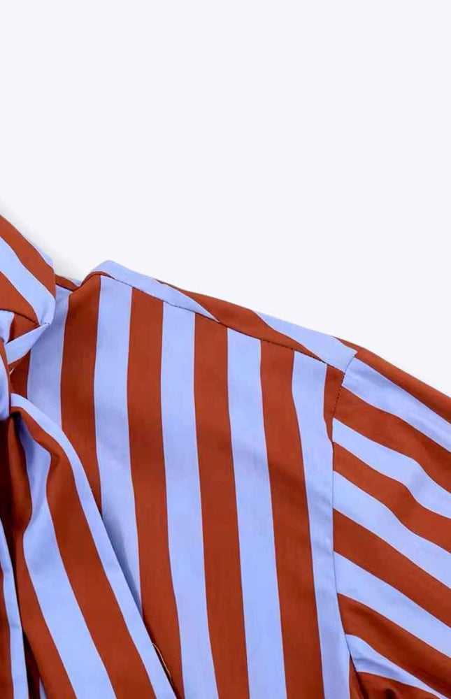 Tie Collar Baggy Stripe Buttoned Shirt