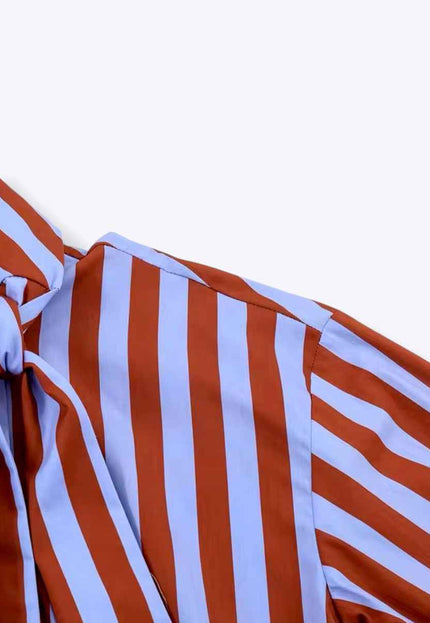 Tie Collar Baggy Stripe Buttoned Shirt