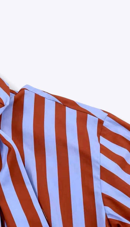 Tie Collar Baggy Stripe Buttoned Shirt
