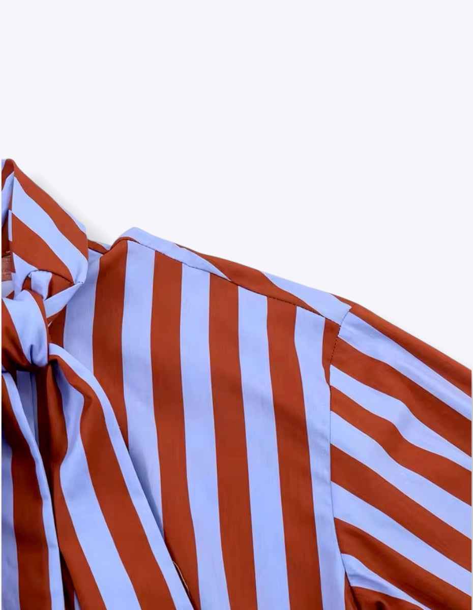 Tie Collar Baggy Stripe Buttoned Shirt