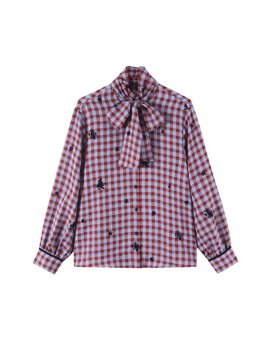 Chequard Plaid Tie-Front Long Sleeves Blouse ANJE REBEL
